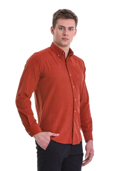 Kiremit Slim Fit Düz 100% Pamuklu Düğmeli Yaka Uzun Kollu Klasik Gömlek-Kiremit - 1