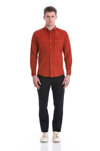 Kiremit Slim Fit Düz 100% Pamuklu Düğmeli Yaka Uzun Kollu Klasik Gömlek-Kiremit - 2
