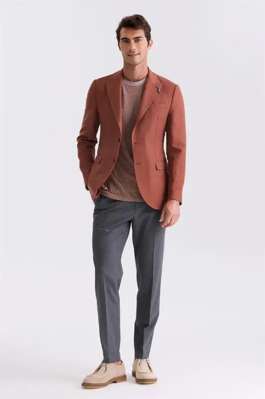 Kiremit Slim Fit Sivri Yaka Keten Spor Ceket - 2