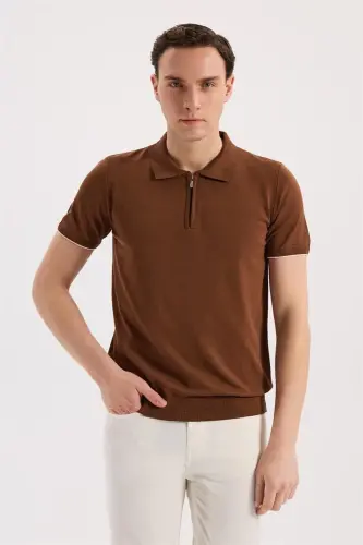 Kiremit Slim Fit Triko Fermualı Polo Yaka T-Shirt - 1