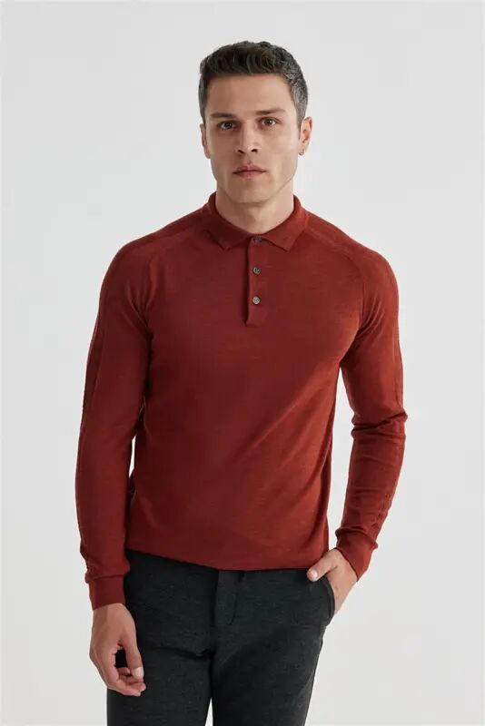 Kiremit Slim Fit Yünlü Desenli Polo Yaka Triko - Jakamen