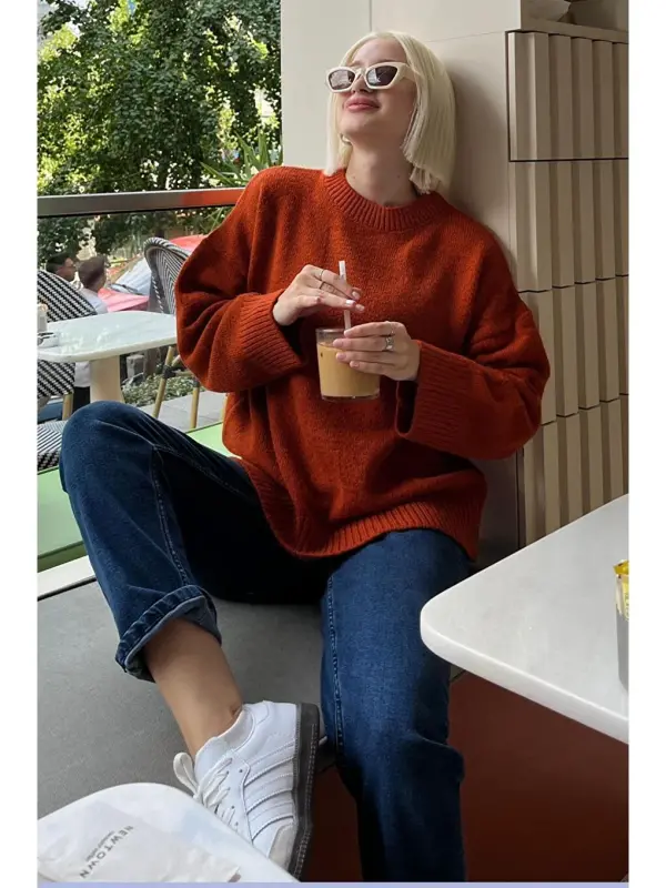 Kiremit Velosiped Yoqasi Katta O'lchamli Trikotajli Kozok Mg1972-Jigarrang - 7