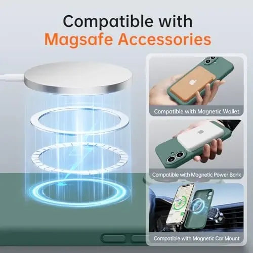 Kiresen чехол для iPhone 16 с 2 защитными пленками - совместим с Magsafe - улучшенная защита камеры - жидкий силиконовый защитный чехол для мужчин, женщин, девочек - темно-зеленый - 2