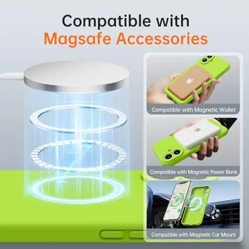 Kiresen для iPhone 16 с 2 защитными пленками - совместим с Magsafe - улучшенная защита камеры - защитный чехол для телефона из жидкого силикона для мужчин и женщин - флуоресцентный желтый - 2
