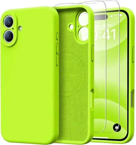 Kiresen for iPhone 16 Case with 2 Screen Protectors - Compatible with Magsafe - Upgraded Camera Protection - Liquid Silicone Protective Phone Case for Men Women - Fluorescent Yellow 