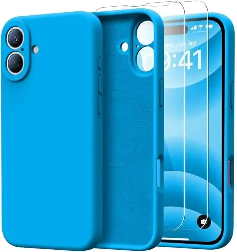 Kiresen for iPhone 16 Case with 2 Screen Protectors - Compatible with Magsafe - Upgraded Camera Protection - Liquid Silicone Protective Phone Case for Men, Women,Girls - Sky Blue - 1