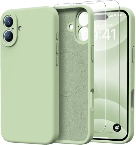 Kiresen for iPhone 16 Case with 2 Screen Protectors - Compatible with Magsafe - Upgraded Camera Protection - Liquid Silicone Protective Phone Case for Men, Women,Girls - Tea Green - 1