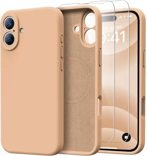 Kiresen for iPhone 16 Case with 2 Screen Protectors - Compatible with Magsafe - Upgraded Camera Protection - Liquid Silicone Protective Phone Case for Men, Women,Girls - Elegant Gold 