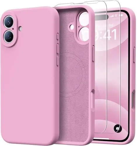 Kiresen for iPhone 16 Case with 2 Screen Protectors - Compatible with Magsafe - Upgraded Camera Protection - Liquid Silicone Protective Phone Case for Women,Girls - Blush Pink - 1