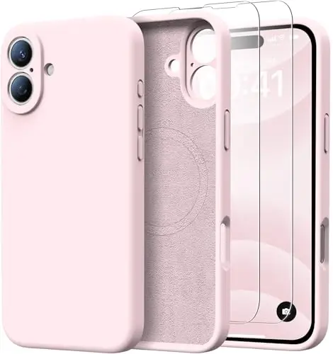 Kiresen iPhone 16 uchun g'ilof, 2 ta ekran himoyachisi bilan - Magsafe bilan mos - Kamera himoyasi takomillashtirilgan - Ayollar va qizlar uchun suyuq silikon himoya telefon g'ilofi - Elegant pushti - KIRESEN