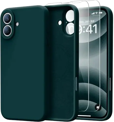 Kiresen iPhone 16 uchun g'ilof, 2 ta ekran himoyachisi bilan - Magsafe bilan mos - Kamera himoyasi yangilandi - Suyuq silikon himoya telefon g'ilofi erkaklar, ayollar, qizlar uchun - Qoraqayin yashili 