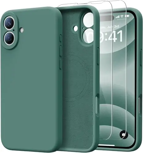 Kiresen iPhone 16 uchun g'ilof, 2 ta ekran himoyachisi bilan - Magsafe bilan mos keladi - Takomillashtirilgan kamera himoyasi - Suyuq silikon himoya telefon g'ilofi erkaklar, ayollar, qizlar uchun - To'q yashil 