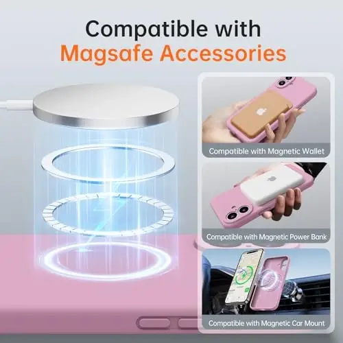 Kiresen iPhone 16 uchun g'ilof, 2 ta ekran himoyachisi bilan - Magsafe bilan mos - Takomillashtirilgan kamera himoyasi - Ayollar va qizlar uchun suyuq silikon himoya telefon g'ilofi - Pushti rang - 2