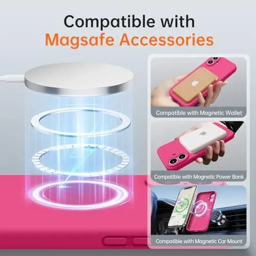 Kiresen iPhone 16 uchun g'ilof, 2 ta ekran himoyachisi bilan - Magsafe bilan mos - Takomillashtirilgan kamera himoyasi - Ayollar va qizlar uchun suyuq silikon himoya telefon g'ilofi - To'q pushti - KIRESEN (1)