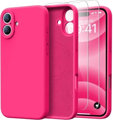 Kiresen iPhone 16 uchun g'ilof, 2 ta ekran himoyachisi bilan - Magsafe bilan mos - Takomillashtirilgan kamera himoyasi - Ayollar va qizlar uchun suyuq silikon himoya telefon g'ilofi - To'q pushti - 1