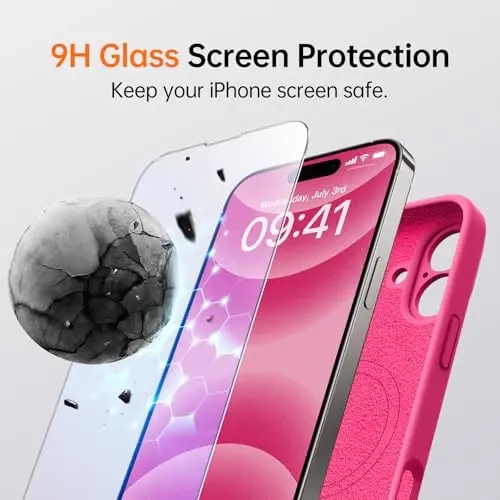 Kiresen iPhone 16 uchun g'ilof, 2 ta ekran himoyachisi bilan - Magsafe bilan mos - Takomillashtirilgan kamera himoyasi - Ayollar va qizlar uchun suyuq silikon himoya telefon g'ilofi - To'q pushti - 4