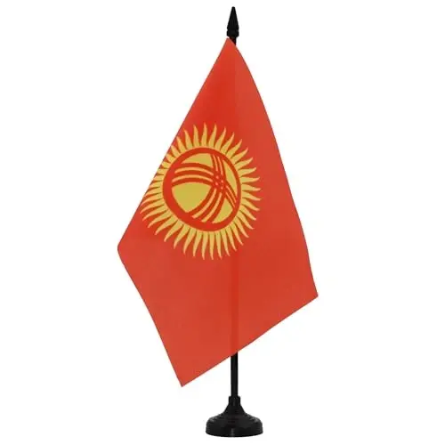 Kyrgyzstan Table Flag 5'' x 8'' - Kyrgystani Desk Flag 21 x 14 cm. - Black plastic stick and base - AZ FLAG - 2