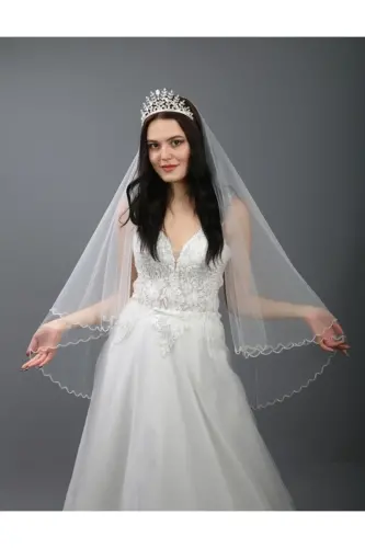 Kırık Beyaz Gelinlik Duvağı-nikah Duvağı Kristal Taş Işlemeli Iki Katlı Taraklı 1 Mt Uzunlukta - 1