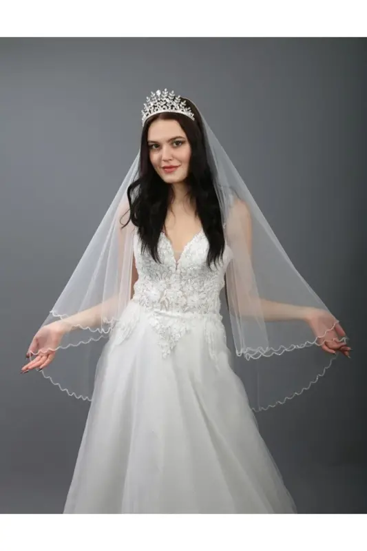 Kırık Beyaz Gelinlik Duvağı-nikah Duvağı Kristal Taş Işlemeli Iki Katlı Taraklı 1 Mt Uzunlukta - 1
