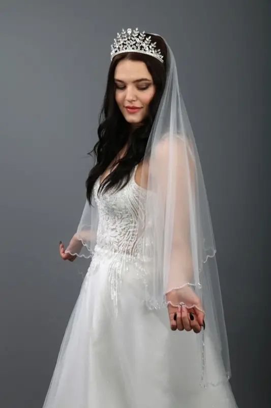 Kırık Beyaz Gelinlik Duvağı-nikah Duvağı Kristal Taş Işlemeli Iki Katlı Taraklı 1 Mt Uzunlukta - 3