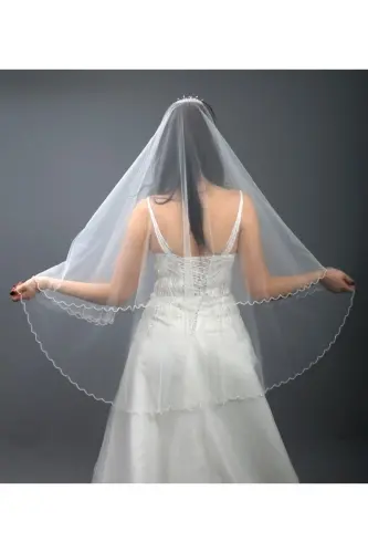 Kırık Beyaz Gelinlik Duvağı-nikah Duvağı Kristal Taş Işlemeli Iki Katlı Taraklı 1 Mt Uzunlukta - 4