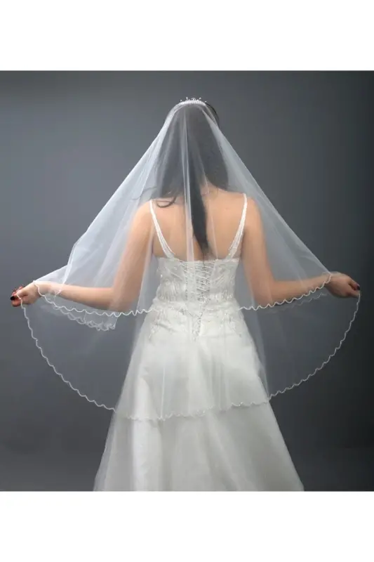 Kırık Beyaz Gelinlik Duvağı-nikah Duvağı Kristal Taş Işlemeli Iki Katlı Taraklı 1 Mt Uzunlukta - 4