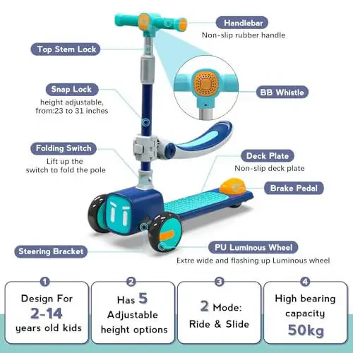 Unbreakable & Never Fall Down 2-in-1 Scooters Kids 3 Wheel Kick Scooter for Boys Girls Ages 3-8, Adjustable Height & Seat, Widened Non-Slip Deck, More Safer for Beginner Toddlers - 2