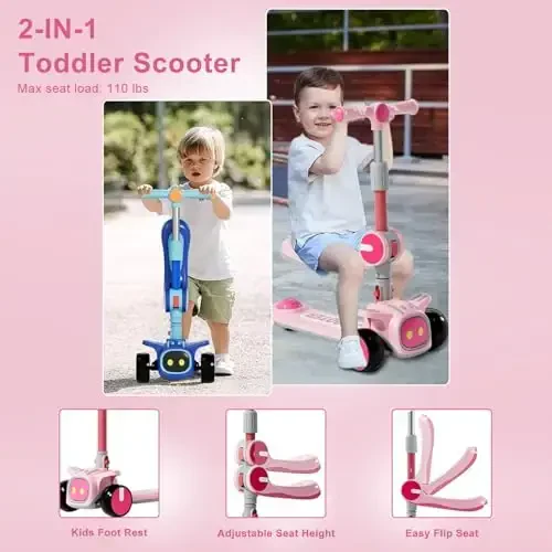 Unbreakable & Never Fall Down 2-in-1 Scooters Kids 3 Wheel Kick Scooter for Boys Girls Ages 3-8, Adjustable Height & Seat, Widened Non-Slip Deck, More Safer for Beginner Toddlers - 2