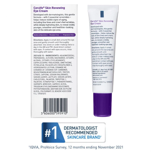 CeraVe Skin Care Renewing Eye Cream for Dark Circles & Puffiness with Peptides, Hyaluronic Acid, Niacinamide, Caffeine, Fragrance Free 0.5 oz- - 6