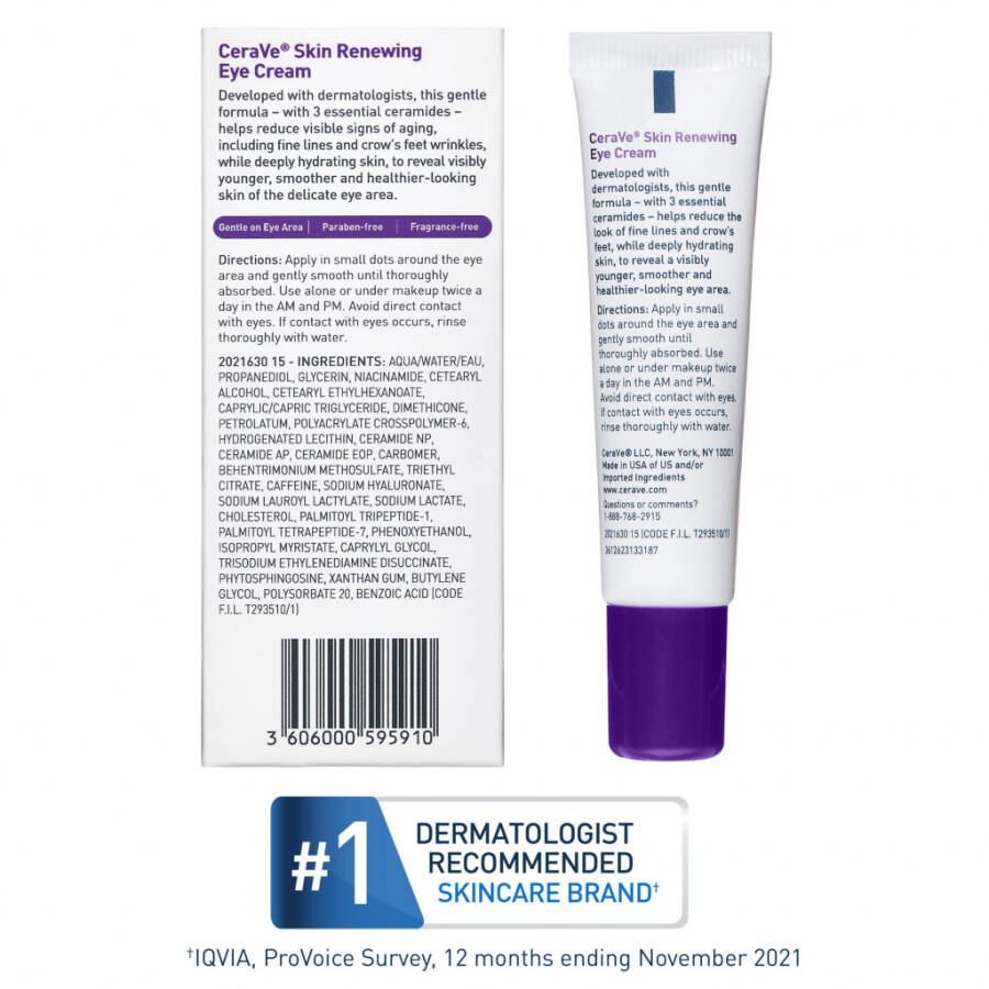 CeraVe Skin Care Renewing Eye Cream for Dark Circles & Puffiness with Peptides, Hyaluronic Acid, Niacinamide, Caffeine, Fragrance Free 0.5 oz- - 6