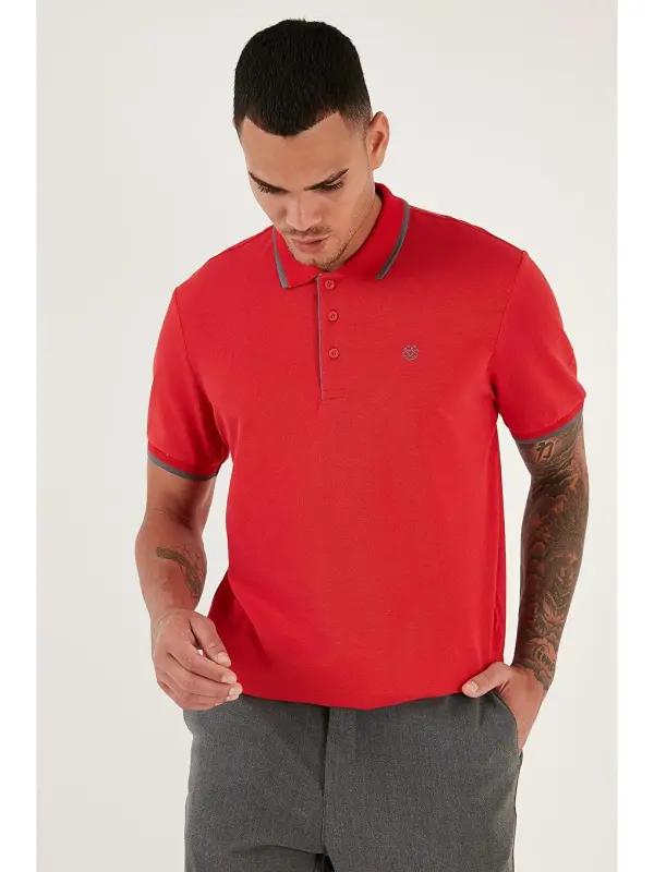 Kırmızı %100 Pamuk Düğmeli Slim Fit Polo Tişört 5902118-Kırmızı - 1