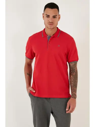 Kırmızı %100 Pamuk Düğmeli Slim Fit Polo Tişört 5902118-Kırmızı - 4