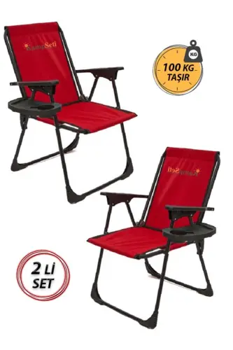Kırmızı 2 Adet Katlanır Kamp Sandalyesi-bardaklık Hediye-plaj Piknik Sandalyesi-m1 3 Kg Metal 2 Kiş - Kırmızı - 1