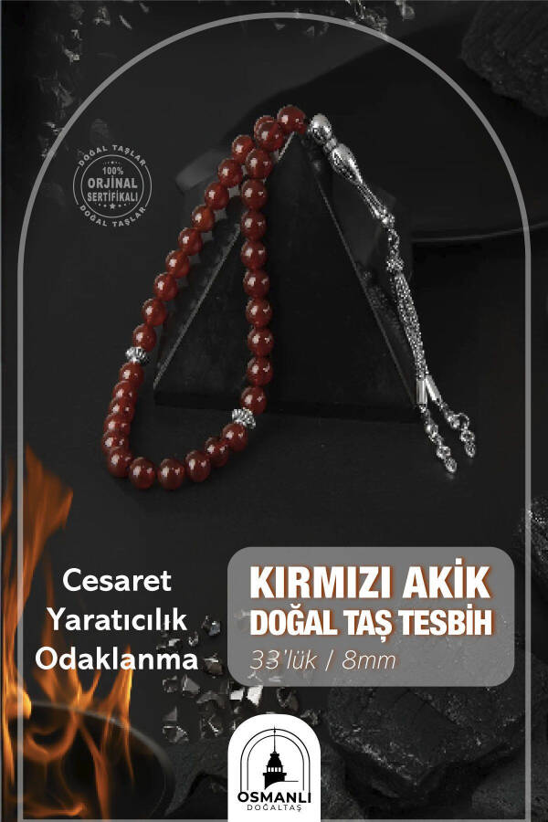 Kırmızı Akik Doğal Taş Tesbih 33lük - 8mm - 1