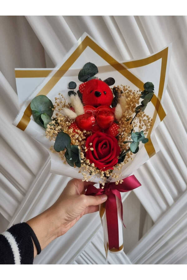 Kırmızı Ayıcıklı buket çikolata Sevgiliye hediye/Arkadaşa Hediye/Doğum günü hediyesi - 3