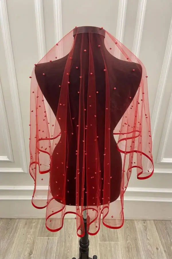 Kırmızı Biyeli Bol İncili Gelin Duvak Seti-BİYELİİNCİLİKIRMIZI - 9