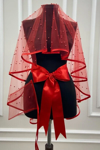 Kırmızı Biyeli Bol İncili Gelin Duvak Seti-BİYELİİNCİLİKIRMIZI - ZEYMERADE