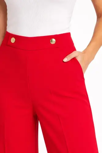 Kırmızı Bol Paça Krep Pantolon-Kırmızı - 4