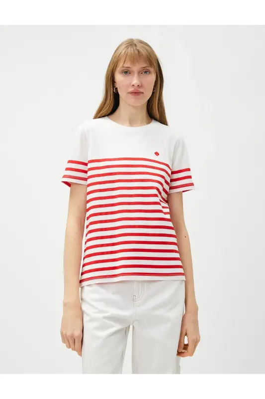 Kırmızı Çizgili Kadın T-Shirt 3SPK10002EK - 3