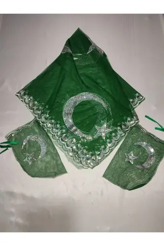 Kırmızı Dantelli Gelin Ve Ayyıldız Damat Kına Örtüsü Eldiveni Ve Kemeri Ile Kına Özel Duvak Seti - Zümrüt-Kırmızı - 3
