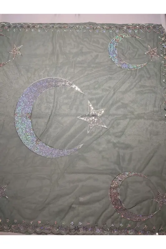 Kırmızı Dantelli Gelin Ve Ayyıldız Damat Kına Örtüsü Eldiveni Ve Kemeri Ile Kına Özel Duvak Seti - Zümrüt-Kırmızı - 5