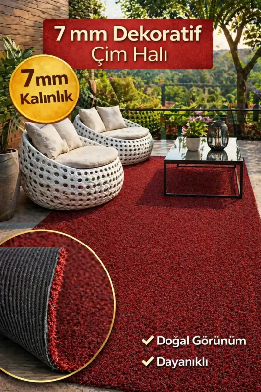 Kırmızı Dekoratif Premium Kalite Suni Çim Balkon Bahçe Kaymaz Taban Çim Halı 7 Mm - Kırmızı - NURTEKS