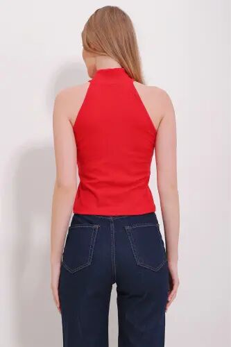 Kırmızı Dik Yaka Halter Kollu Kaşkorse Bluz Alc-X11497 - KIRMIZI - 3