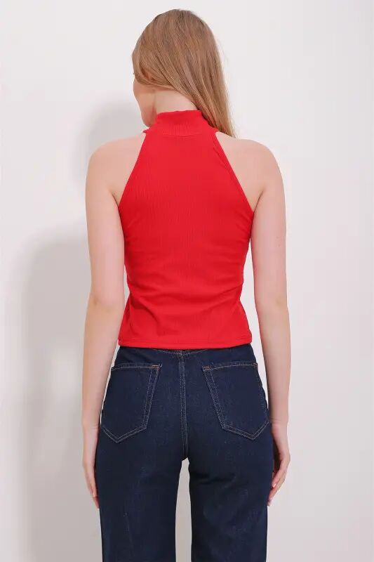 Kırmızı Dik Yaka Halter Kollu Kaşkorse Bluz Alc-X11497 - KIRMIZI - 3