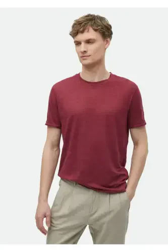 Kırmızı Düz Bisiklet Yaka %100 Keten T-Shirt - 3