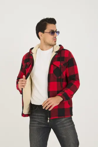 Erkek Oversize İçi Kürklü Kapşonlu Ekoseli Kırmızı Oduncu Ceket - Kırmızı - DAMGA JEANS (1)