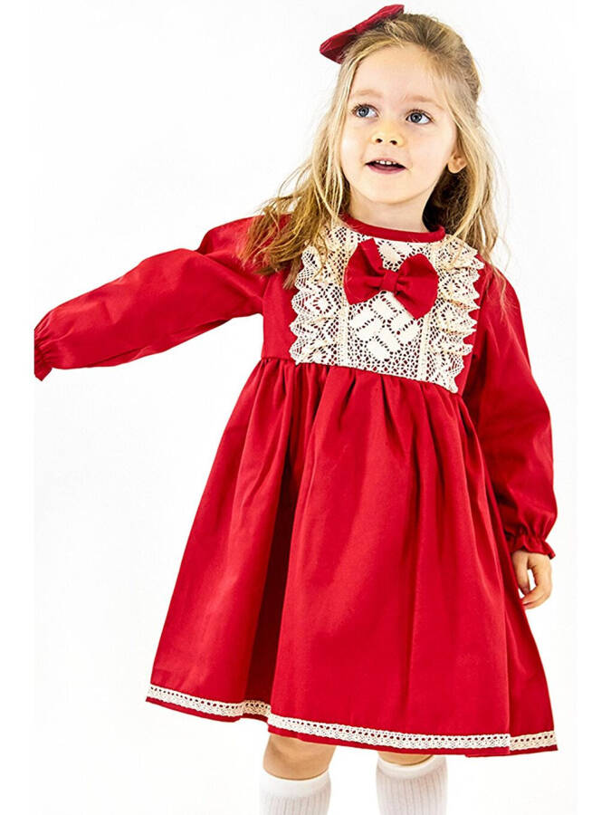 Kırmızı Gabardin Güpürlü Elbise + Toka-Kırmızı - 1