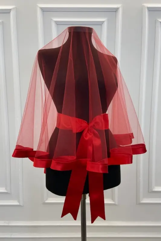 Kırmızı Geniş Biyeli Kına Duvak Seti Gelin Duvak Seti Kına Gecesi Düğün Nikah-GENİŞBİYELİKIRMIZI - 1