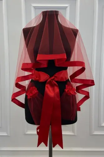 Kırmızı Geniş Biyeli Kına Duvak Seti Gelin Duvak Seti Kına Gecesi Düğün Nikah-GENİŞBİYELİKIRMIZI - 3