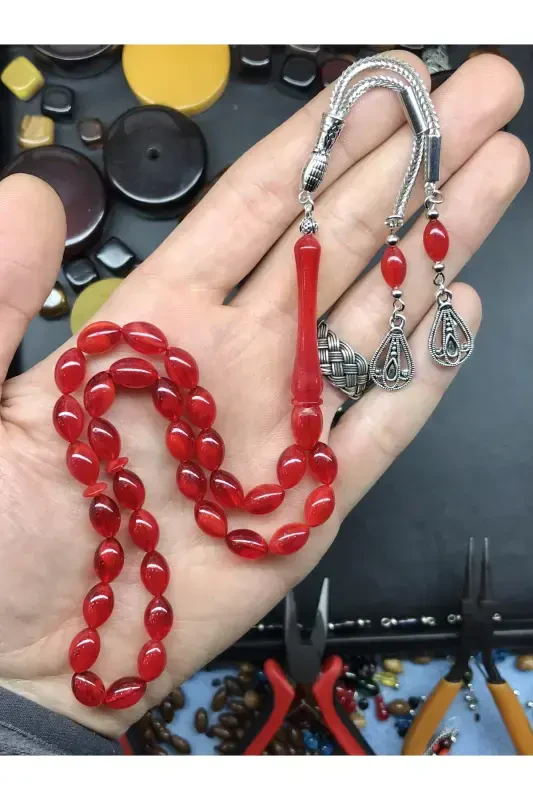 Kırmızı Hareli Ahşap Kutulu Toz Kehribar Tesbih-harelikırmızı3 - 2